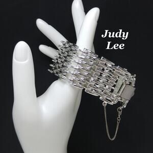 Judy Lee Silver Tone Woven Link Bracelet with Safety Chain 1960s Vintage